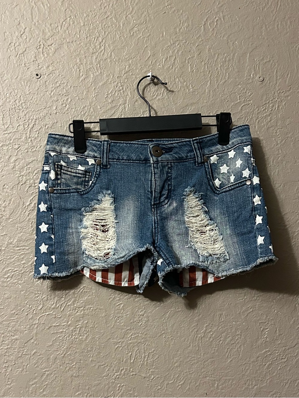 Xhilaration Distressed Blue Denim Shorts with Red & White Accent